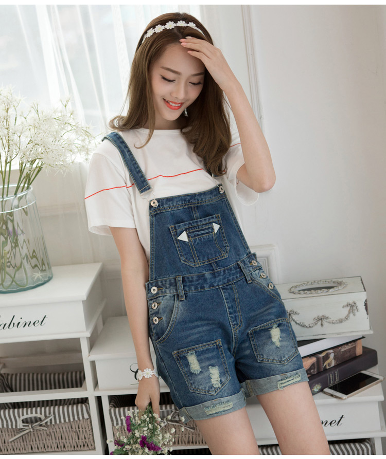 班妮莱2016新款多口袋裤脚翻边百搭减龄 牛仔背带短裤女 深蓝色 xs