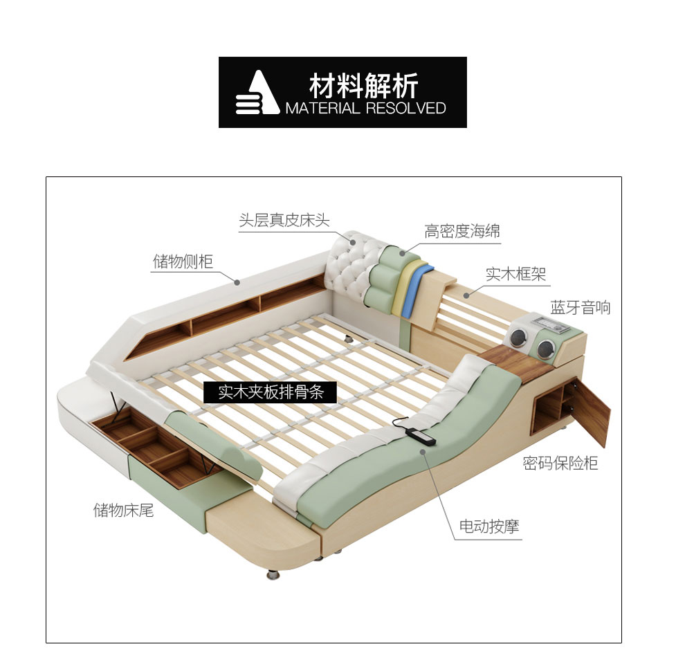 温斯丹尼 床 榻榻米床 真皮床 多功能现代床 软床 卧室家具智能床带