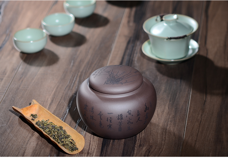 
                                        晨茗 原矿宜兴紫砂茶叶罐普洱茶缸 小号密封存茶储茶醒茶罐 梅兰竹菊四君子 经典款--兰                