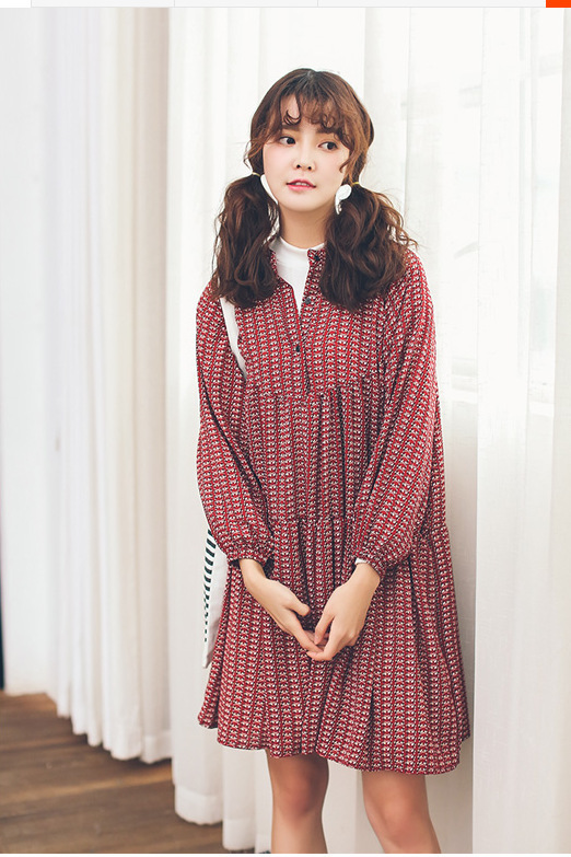 蝶恋草2016春款韩版复古森女系碎花宽松雪纺连衣裙女装 黑色 均码