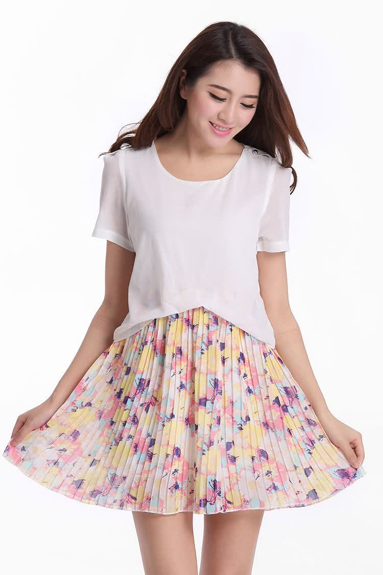 新品人气碎花连衣裙夏季雪纺拼接百褶裙圆领短袖假两件短裙子 白色 m