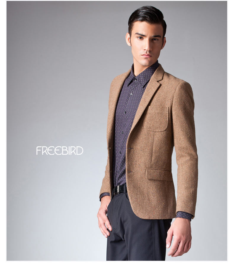 自由鸟冬装新款男士羊绒西装修身商务休闲毛呢西服外套32124193k4驼色
