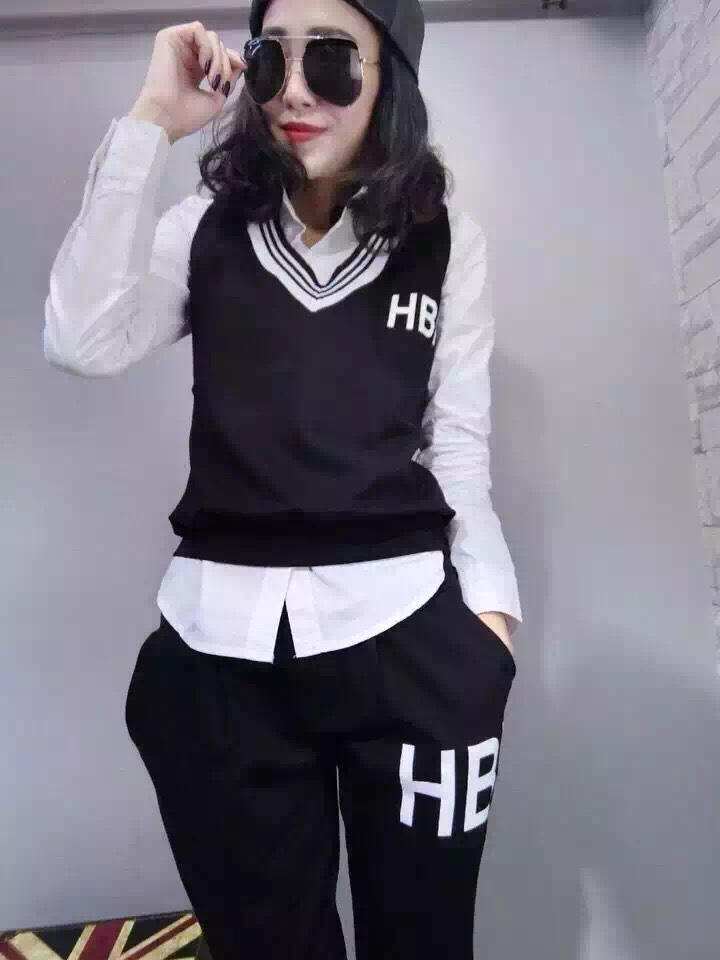 全美高丝欧洲站时尚休闲三件套装 个性背心+衬衣+小夸裤 黑色 M