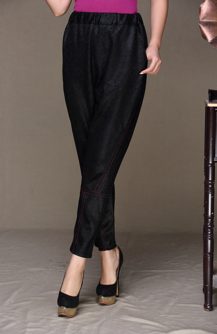 新款婚庆喜事中老年镶红线褶皱裤子中国红 打底裤大码长裤妈妈装时尚