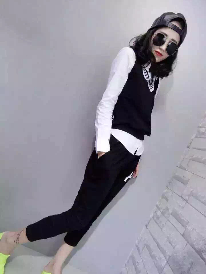 全美高丝欧洲站时尚休闲三件套装 个性背心+衬衣+小夸裤 黑色 M