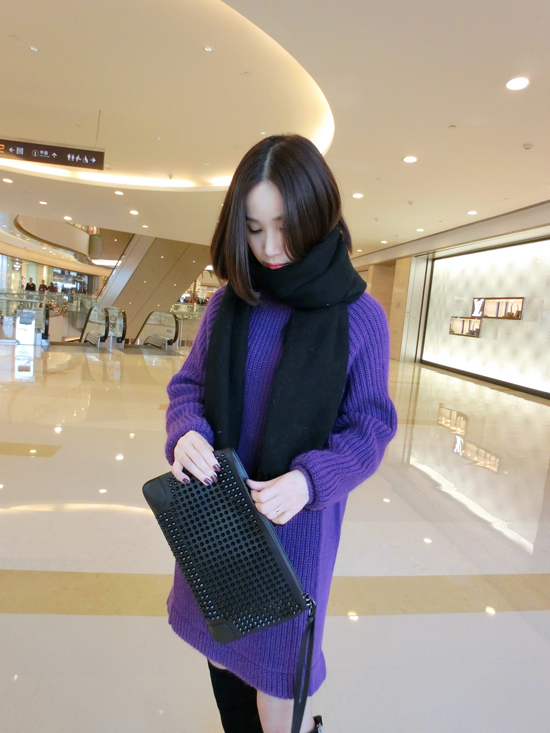 衣与草2016春季女装 针织中长款女套头韩版圆领针织上衣雪纺假 两件连衣裙 黑色 均码