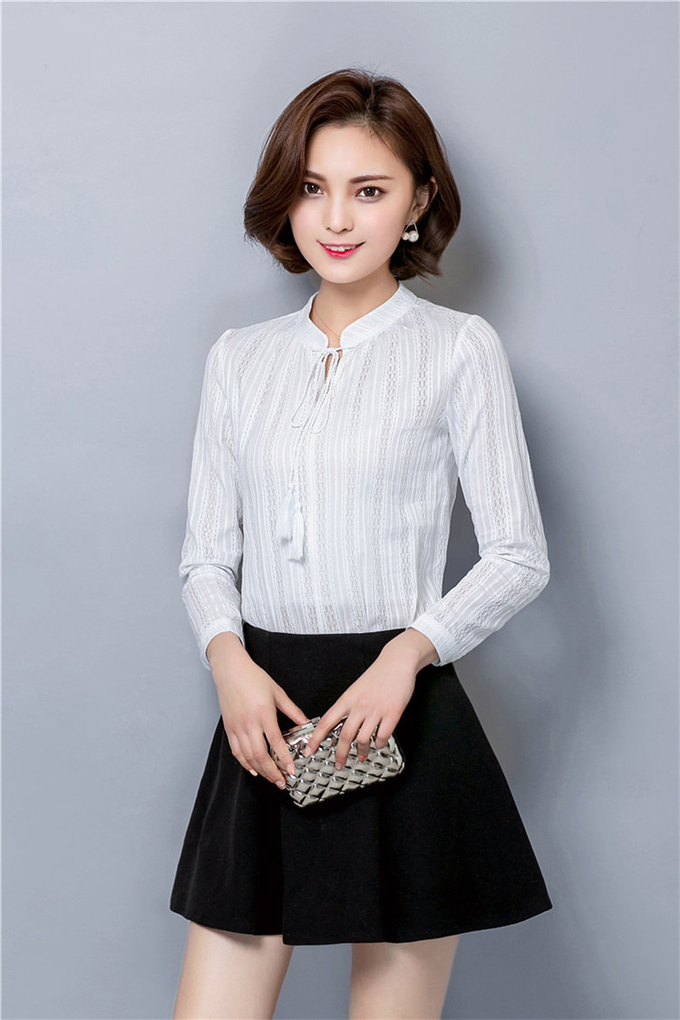 爱堤儿 2016春装新款纯棉打底衫衬衣女系绳韩版宽松白色衬衫女 长袖