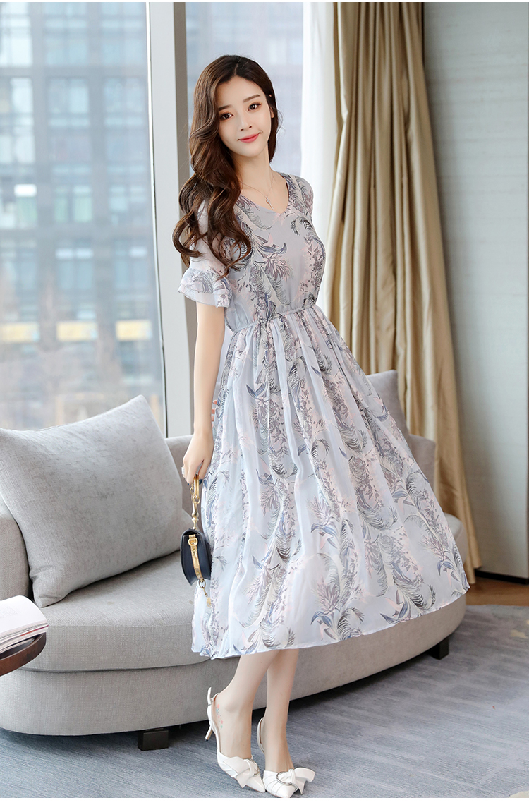 玛凯你 夏季新款女装韩版长款沙滩裙短袖仙女气质雪纺长裙连衣裙b9613