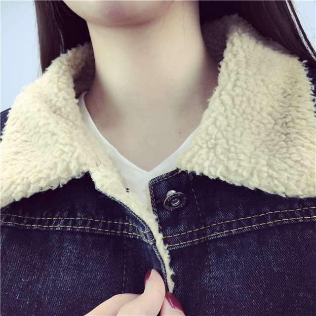 Laconemon 2015秋冬新款牛仔外套女韩版加绒长袖单排扣 蓝色 XL