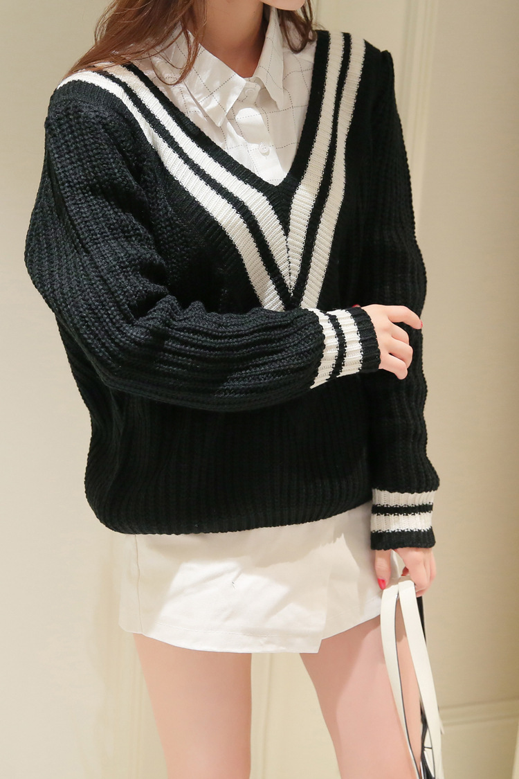 2016新款秋冬装学院风宽松蝙蝠袖v领毛衣套头女式打底针织衫 黑色