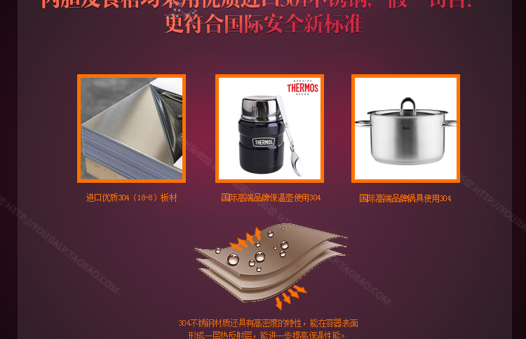 爱丽金多层密封防漏提锅 304不锈钢保温饭盒焖烧锅真空保温桶 三层大容量饭桶 装汤桶 2.0L