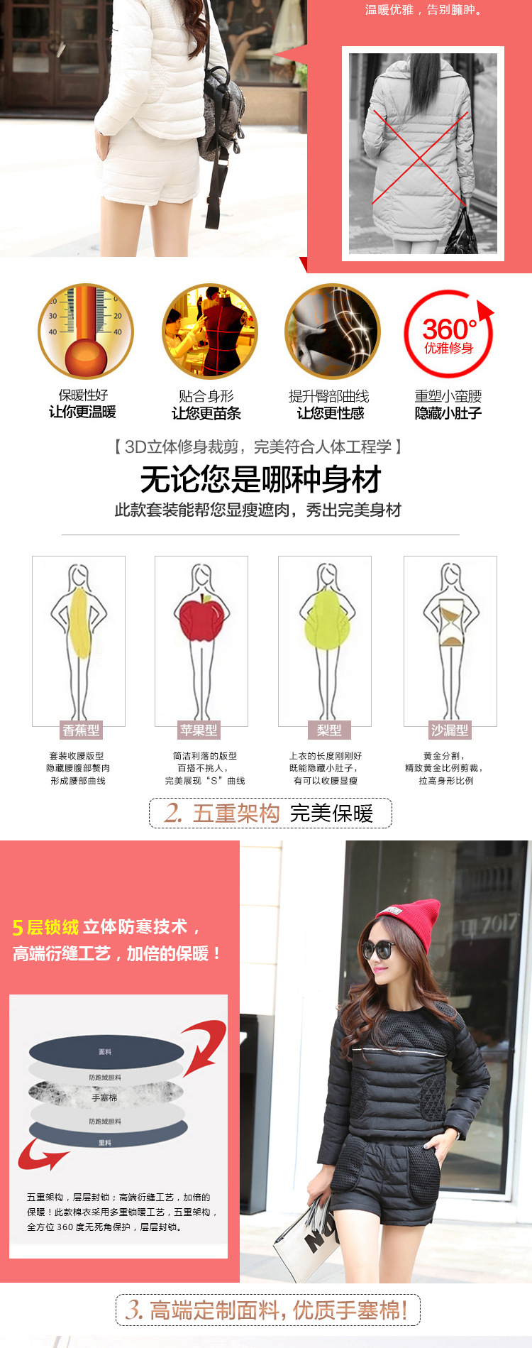 翠美 2015秋冬韩版新款休闲修身羽绒棉套装 两件套 白色 XL