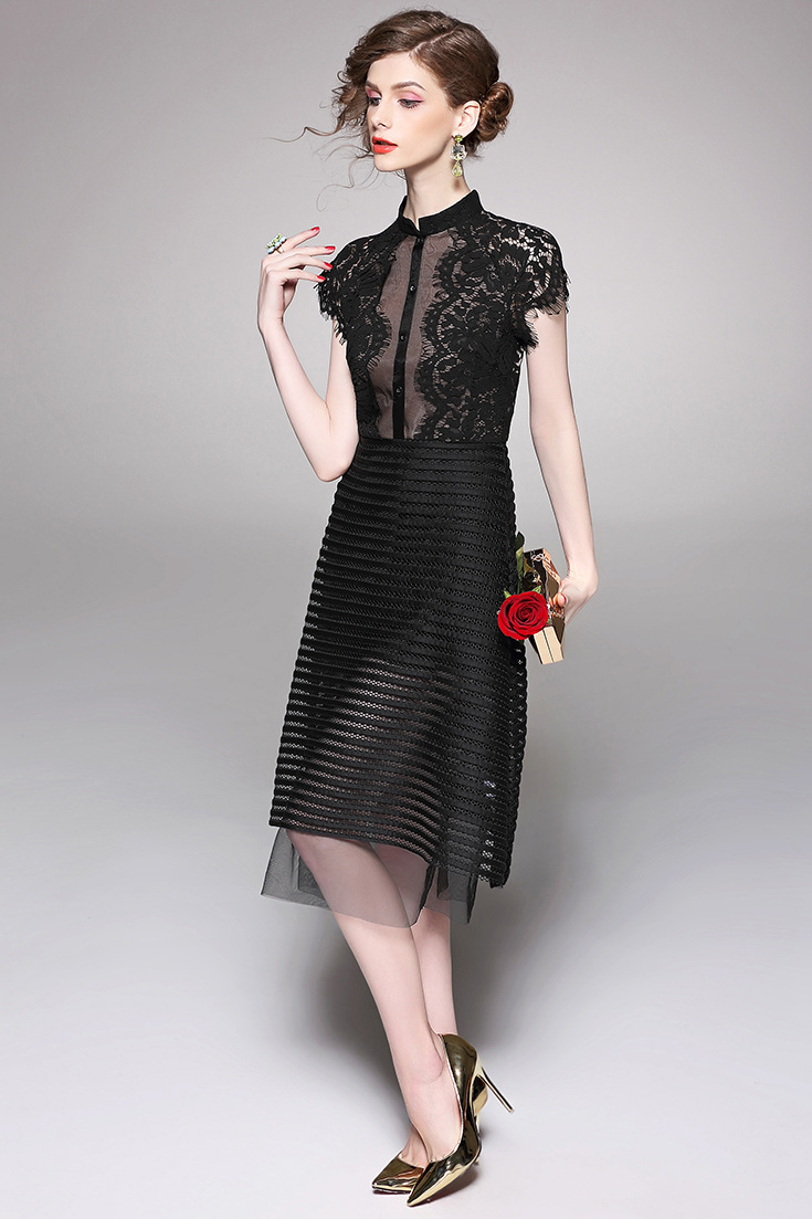 月光石2016夏时尚新款收腰中长裙蕾丝网纱拼接对称镂空连衣裙6534