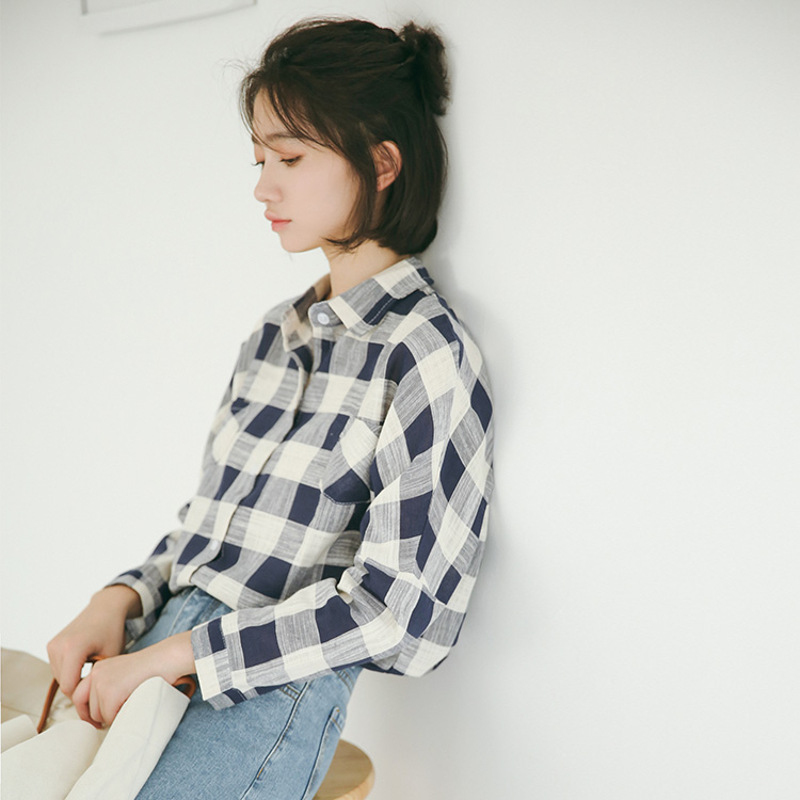 春装文艺复古格子衬衫女长袖宽松韩版学生学院风chic小清新百搭衬衣