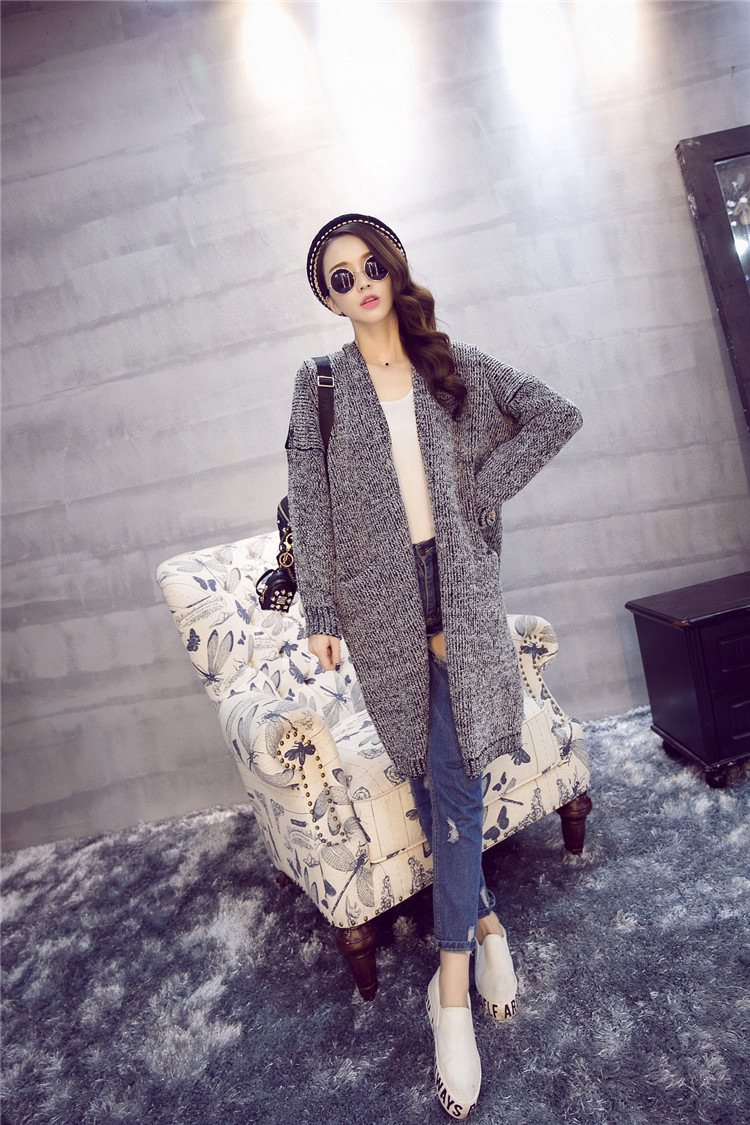 黛美情2015秋冬女装新款日韩上新女装长款过膝宽松开叉毛衣灯笼长袖