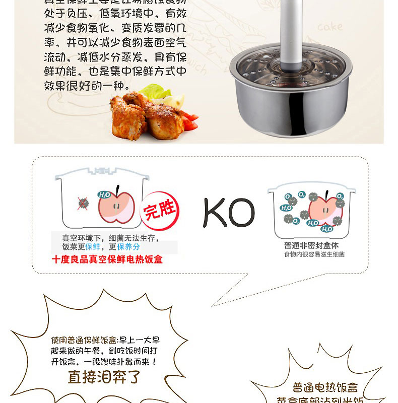 
                                        十度良品（SEED） SD-909s电热饭盒 三层三胆保温独立真空保鲜不锈钢加热饭盒                