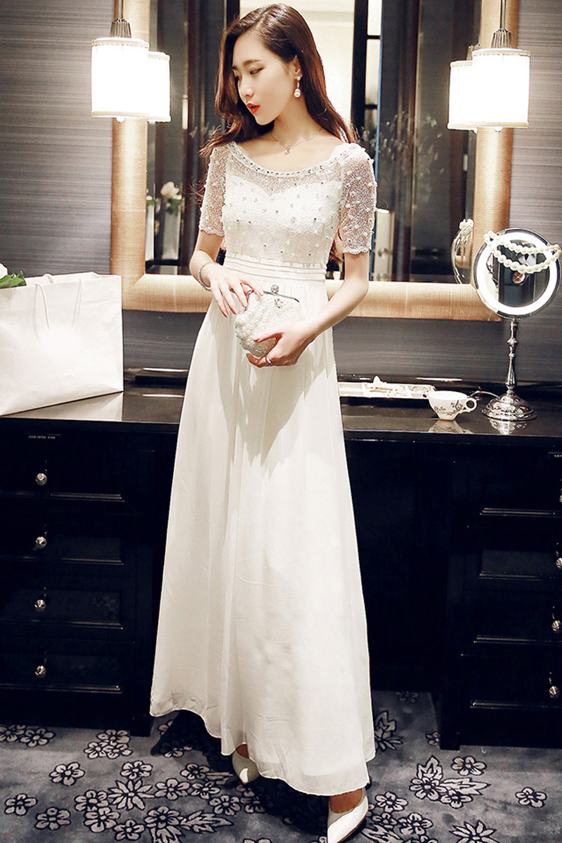 雪纺连衣裙长裙2017春夏新款女装长款修身白色蕾丝礼服裙子仙夏季 白