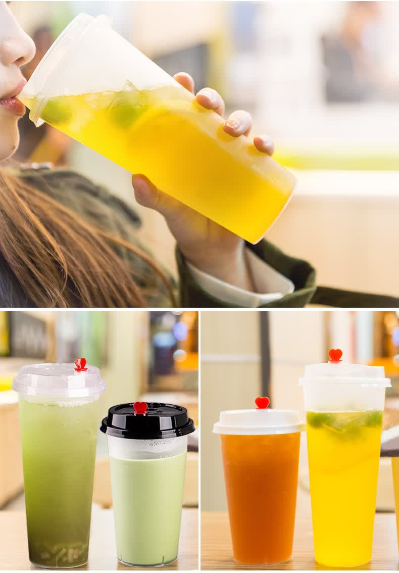 岸宝 一次性奶茶杯注塑杯塑料杯喜茶杯子饮料杯塑料杯奶茶带盖 500ml