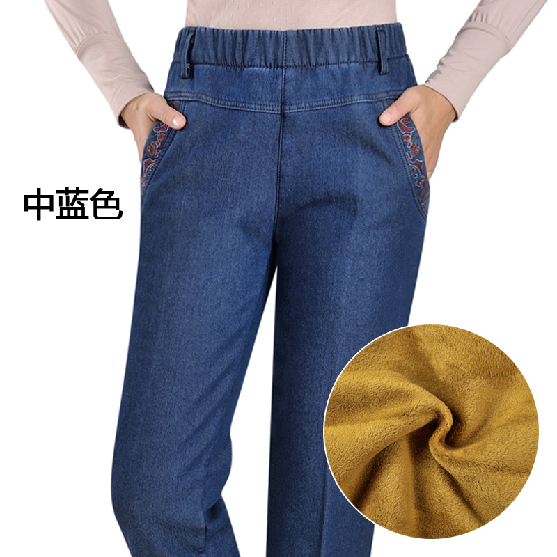冬季款加绒女裤加厚中老年松紧女士直筒弹力妈妈裤牛仔裤加大码 怀旧蓝092 33码二尺六腰围