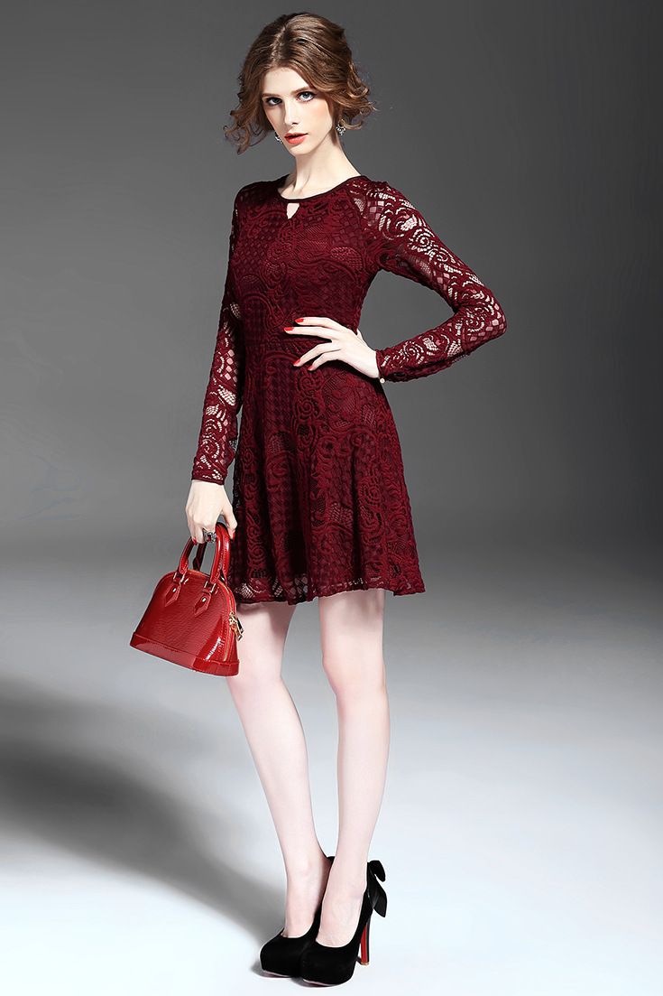 月光石2015秋装新款女欧美气质镂空绣花长袖修身蕾丝连衣裙3613 酒