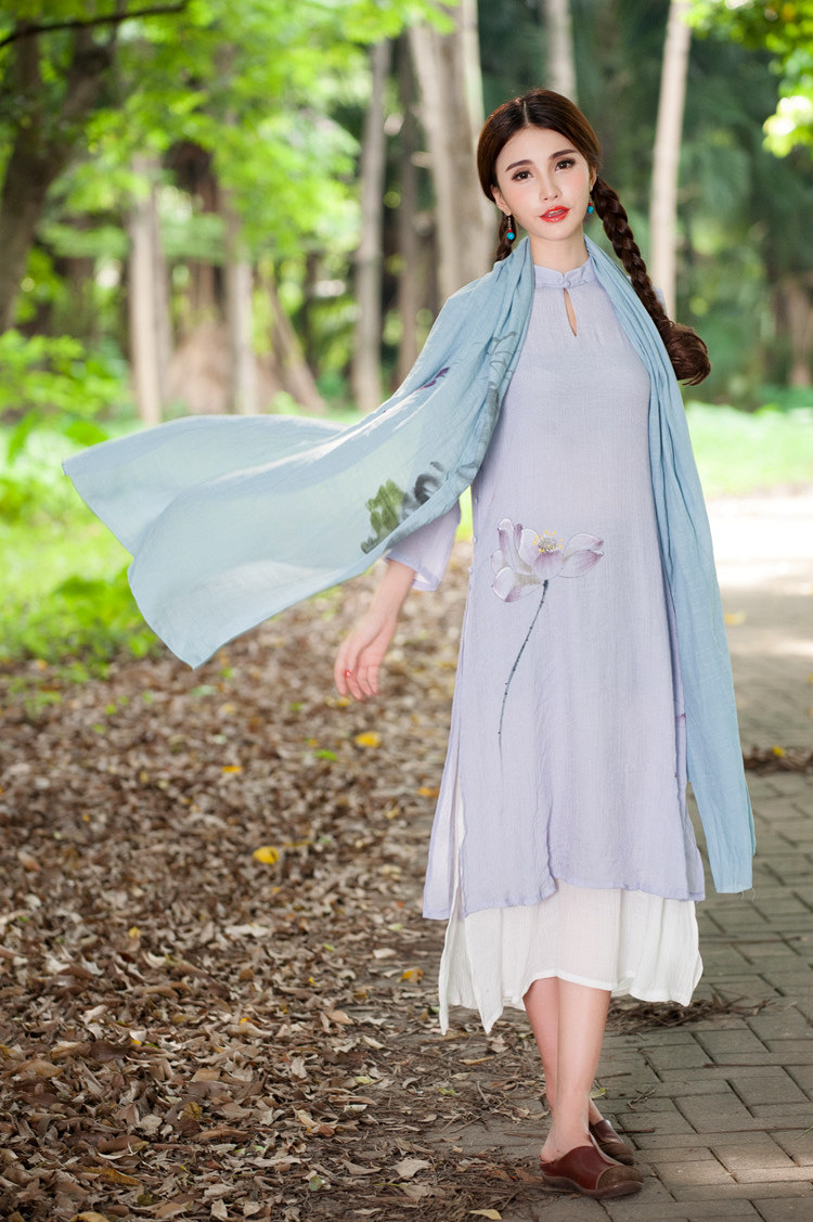 红晶灵2016新款森女风仙女范民族中国风原创手绘印花围巾披肩9315 蓝色