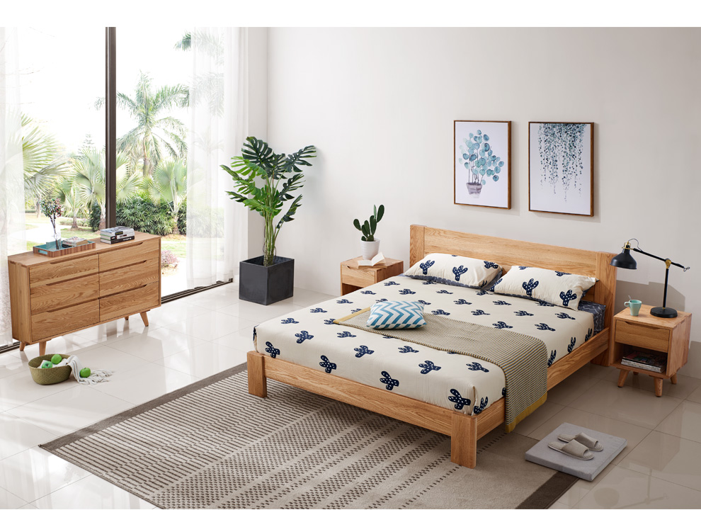 5米双人床现代简约卧室家具白橡木原木主卧床 床头柜_ 2折现价1180元