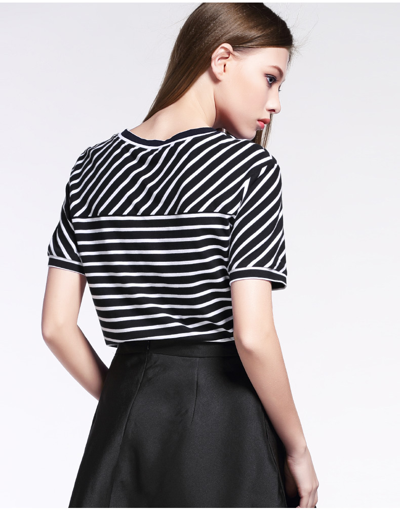 女装zk黑白条纹拼接短袖t恤女装2016新款百搭打底衫上衣小衫修身衣服