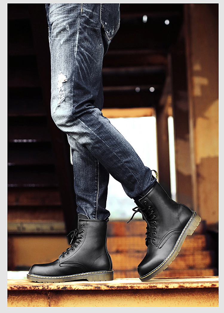 2016新款加绒男士工装靴擦色牛皮中筒皮靴真皮休闲时尚雪地靴 酒红不