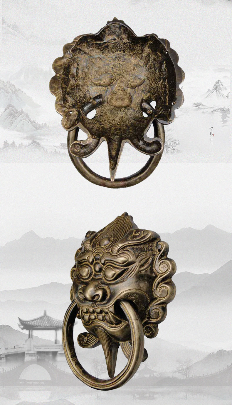 昊天斋新中式明清仿古纯铜配件大门环兽头狮子头俯首复古拉手 黄铜色