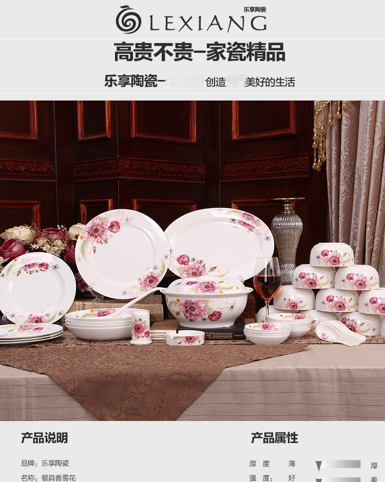
                                        乐享 景德镇骨瓷56头韩式餐具套装香雪花 碗盘碟                