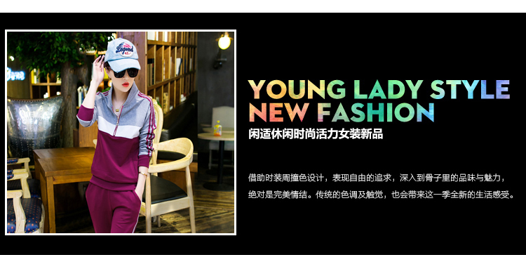 婕梦璐拉链卫衣女运动套装2016秋新款时尚条纹显瘦气质立领拼色两件套J276 深蓝色 L