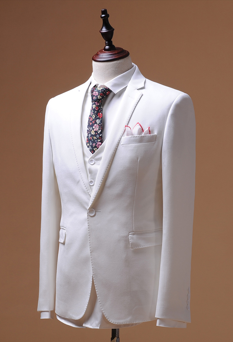 西服套装男士商务休闲修身正装主持人新郎白色小西装男礼服三件套