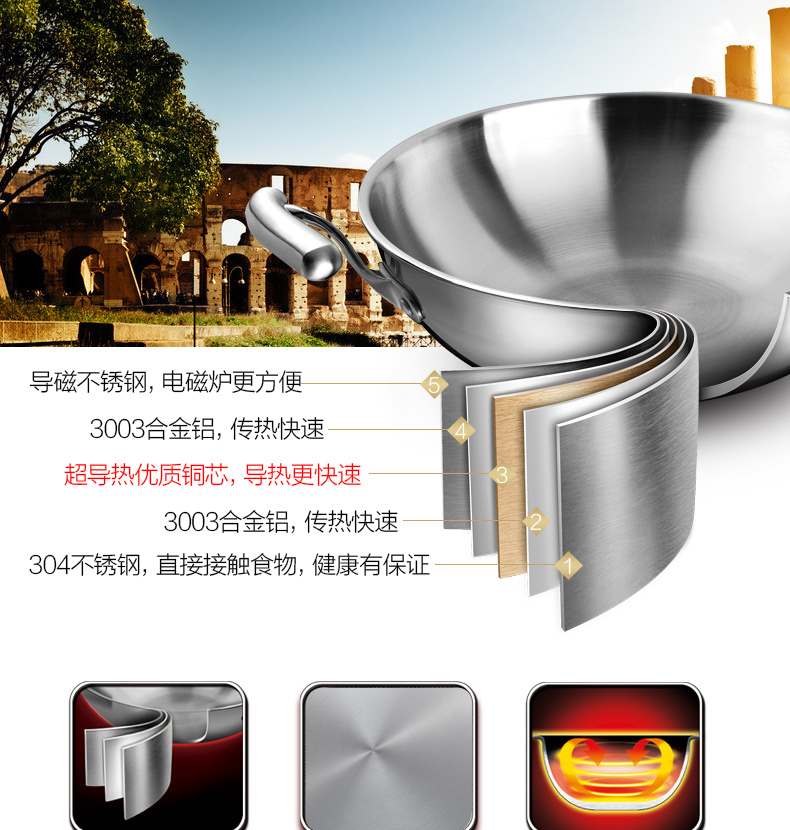 爱仕达厨房烹饪锅具 ASD 尊享复合铜芯五层不锈钢少油烟炒锅 S1332C