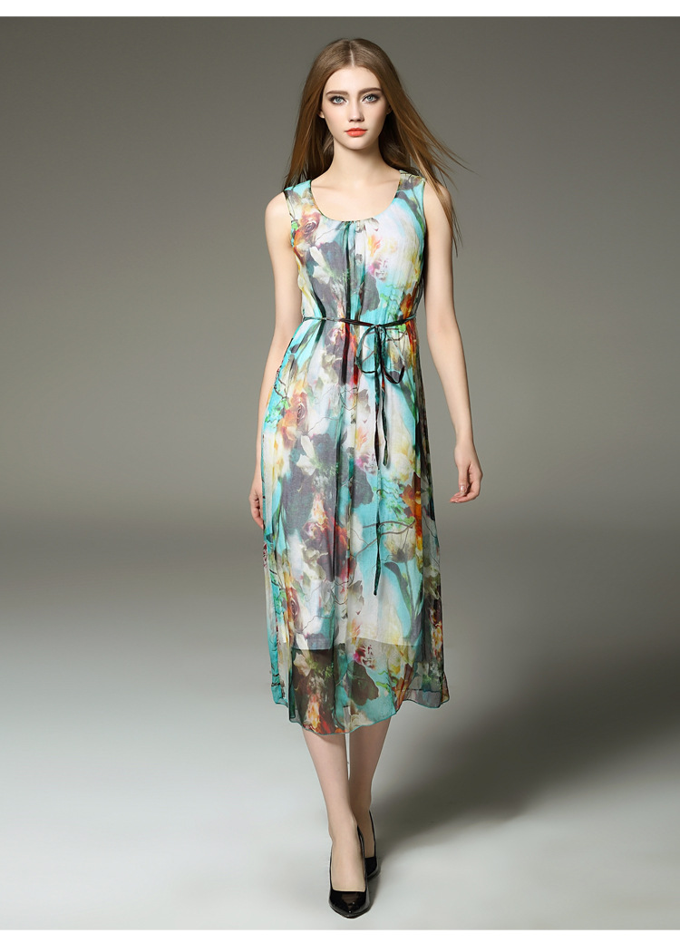 雅婷店2016春夏新款女欧美印花系带真丝连衣裙桑蚕丝长裙0511(f171)