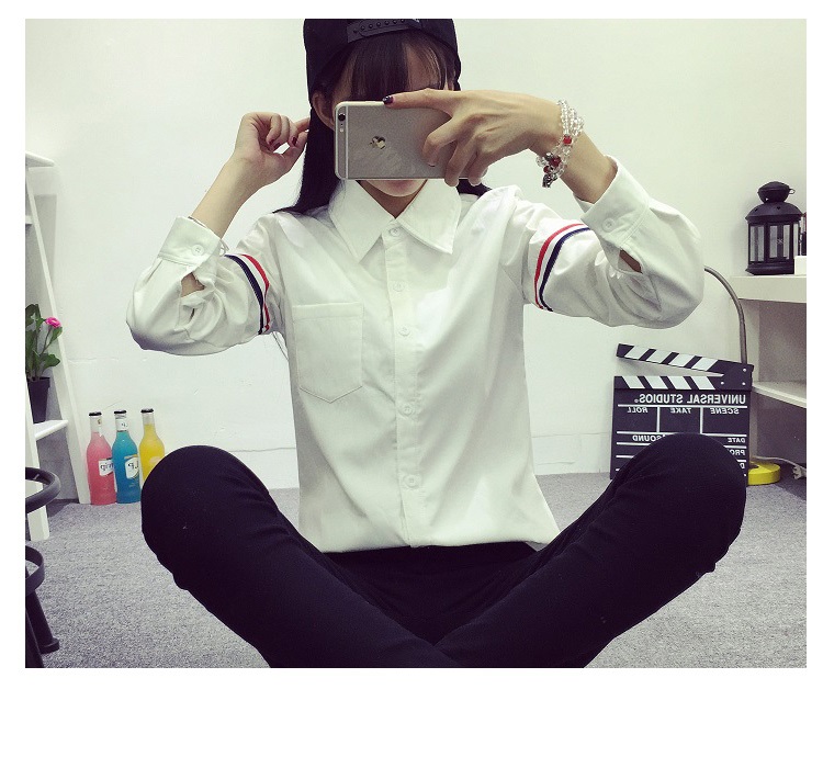仁俪2016春季新款韩版衬衫女学院风学生大码时尚百搭纯棉纯色衬衫 白色春款 M