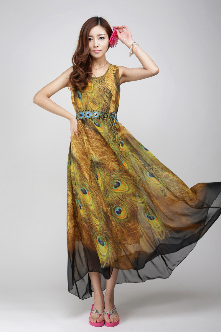 噢邸博1899#2016夏新款长款大摆真丝雪纺孔雀印花连衣裙长裙 黄色 s