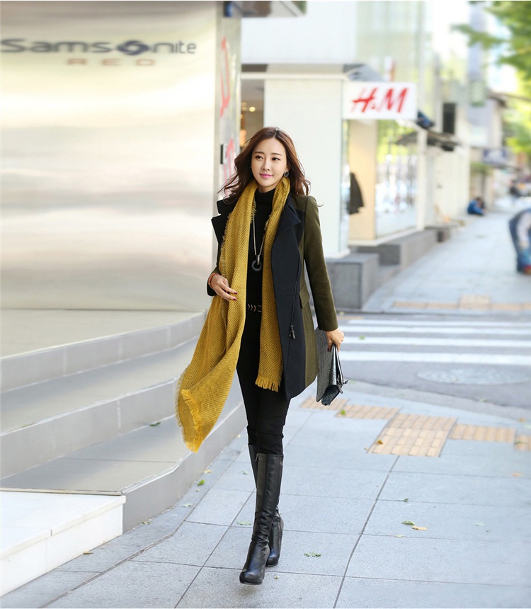 婕梦璐2016女装修身撞色中长款外套毛呢大衣女J810 军绿色 XL
