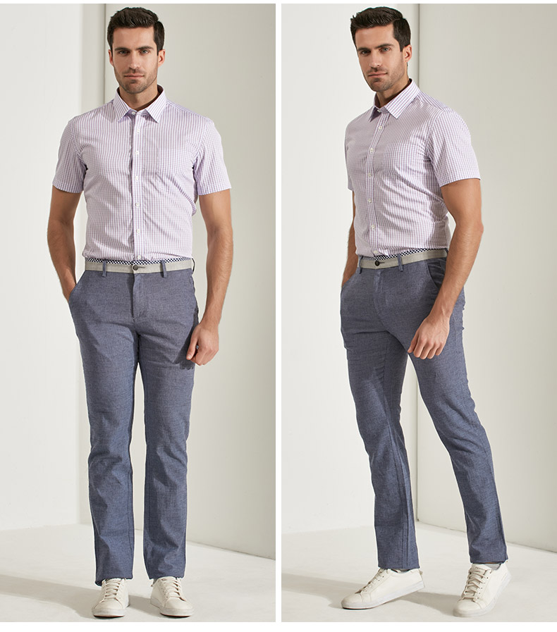 乔治白2018新款休闲裤亚麻舒适透气中青年小脚男士裤子纯色长裤 浅