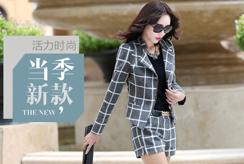 美丽帮派2015秋冬装新款韩版时尚休闲毛呢套装女格子两件套短裤潮6876 黑色 L