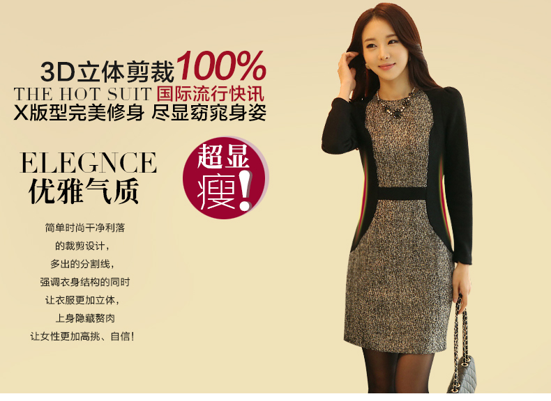 蒂妮佳2015冬装新款淑女修身包臀OL长袖职业显瘦加绒连衣裙冬加厚 8605 加绒款 M