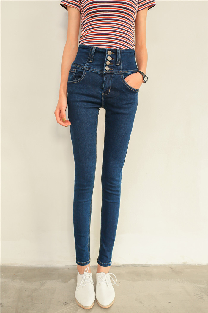 其采2015新款韩版修身显瘦纽扣高腰牛仔铅笔裤小脚长裤0506 蓝色 28