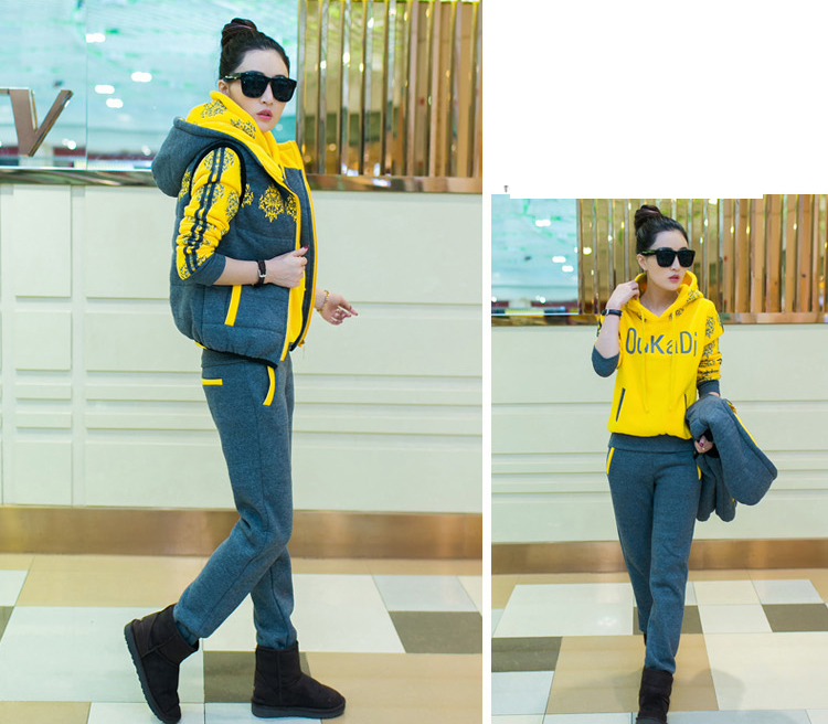 萌姐2016新款女装韩版显瘦加厚加绒卫衣三件套 M330 黑色 XXL