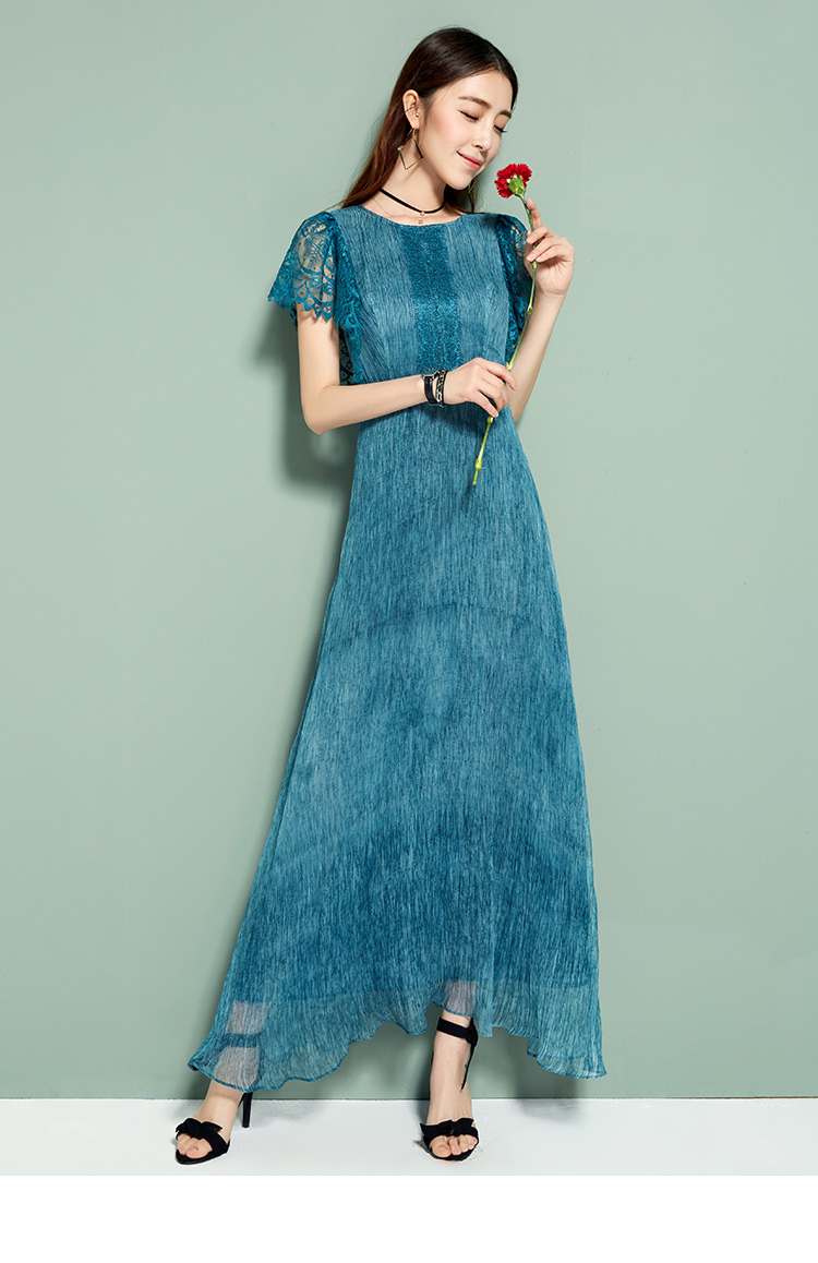 芭欧2016春季新款 女士短袖桑蚕丝长裙通勤韩版圆领真丝连衣裙 紫色