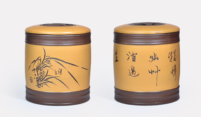 
                                        晨茗 宜兴紫砂茶叶罐大号普洱茶缸七子饼存茶醒茶罐 四色罐8饼装 棕色款                