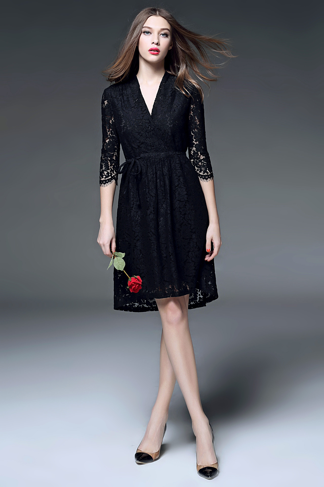 丽莎2016春装新款欧美气质v领中长款收腰镂空蕾丝连衣裙显瘦女士裙子