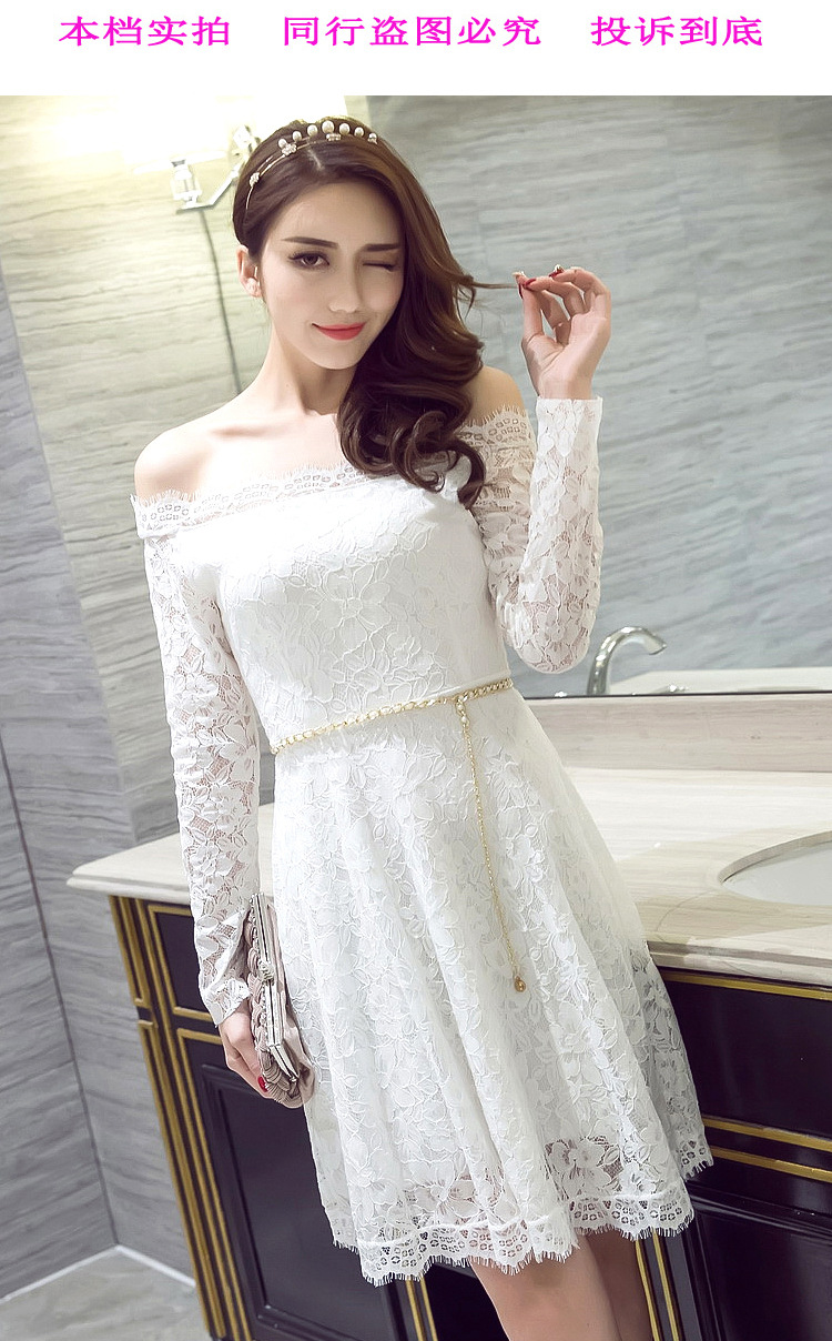 2016新款韩版性感一字领露肩蕾丝连衣裙(长短袖) 黑色 s