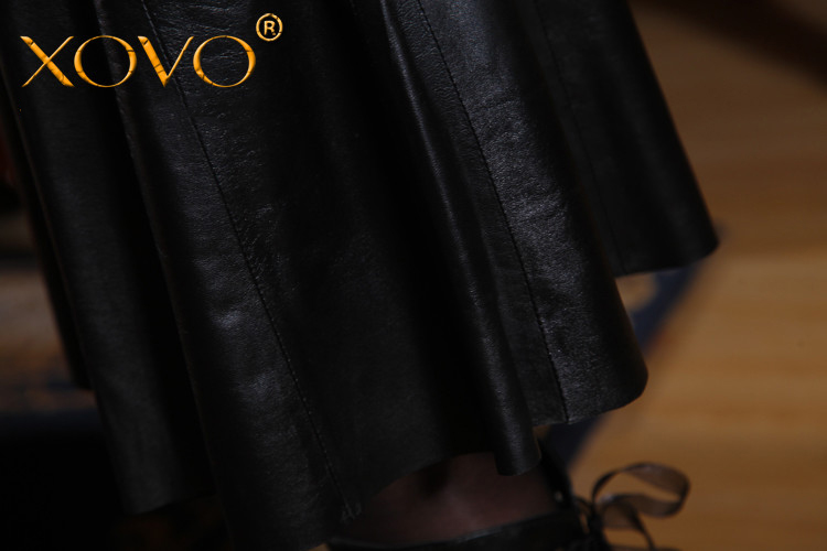 
                                        XOVO2017新款百搭妈妈裙绵羊皮真皮短裙半身裙大摆裙A字裙皮裙百褶裙 黑色 M                