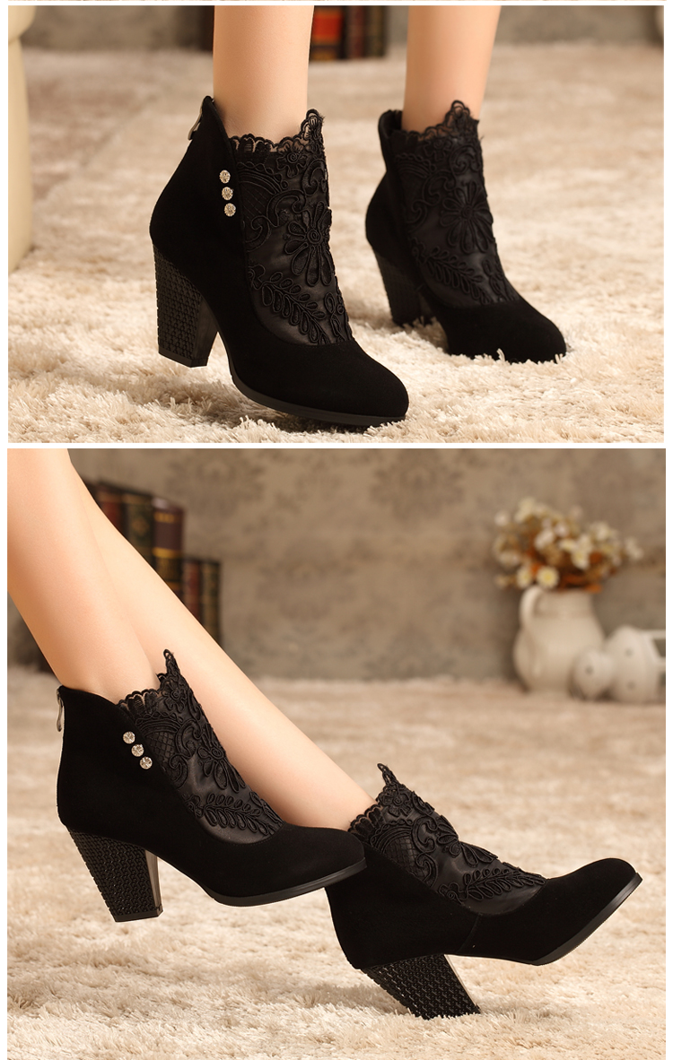 冬新款韩版真皮粗跟高跟短靴蕾丝性感圆头女靴靴子潮 黑色(磨砂皮) 38