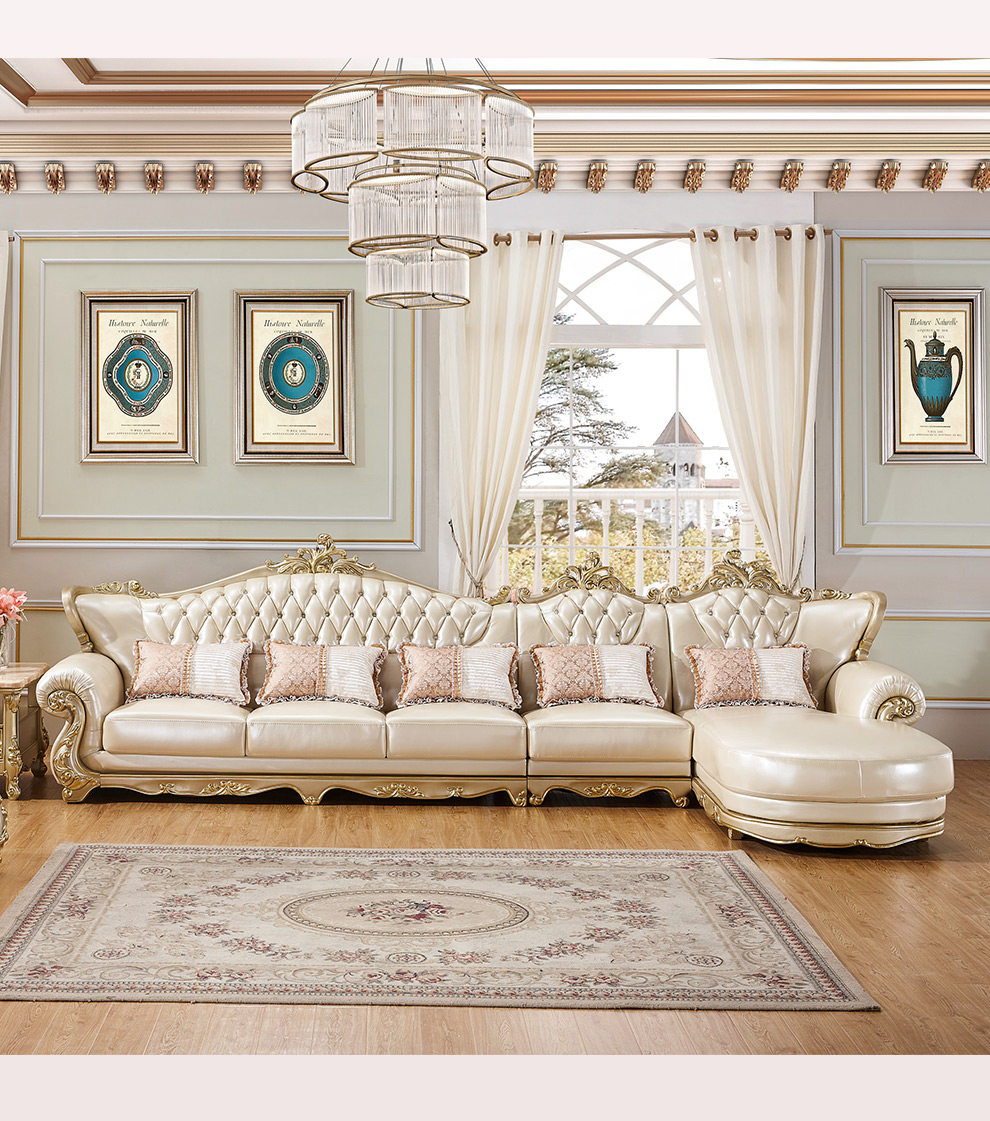 梦美斯宣 欧式真皮香槟色沙发法式美式实木雕花转角沙发组合大小户型