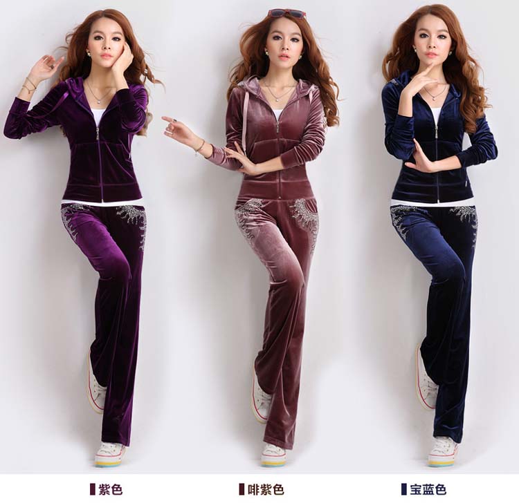 2015秋冬新款 金丝绒套装秋女2015卫衣套装女春秋运动套装女秋装时尚潮 啡紫色 M
